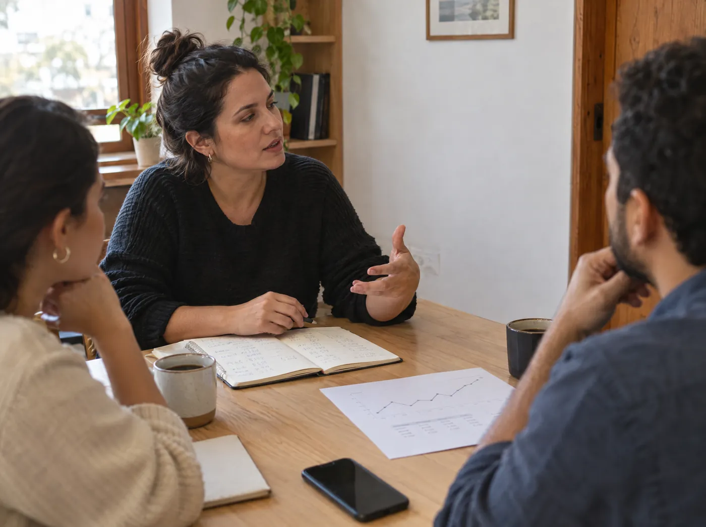 Equipe comercial reunida em volta de uma mesa, conversando sobre números