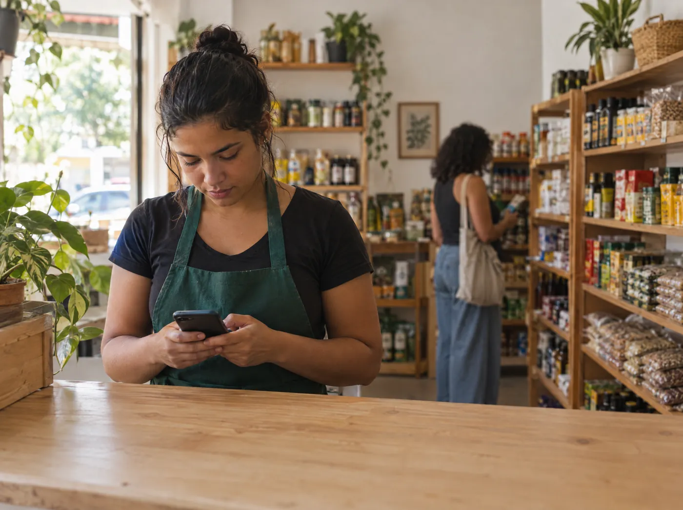 Atendente no balcão de uma loja respondendo um cliente pelo celular