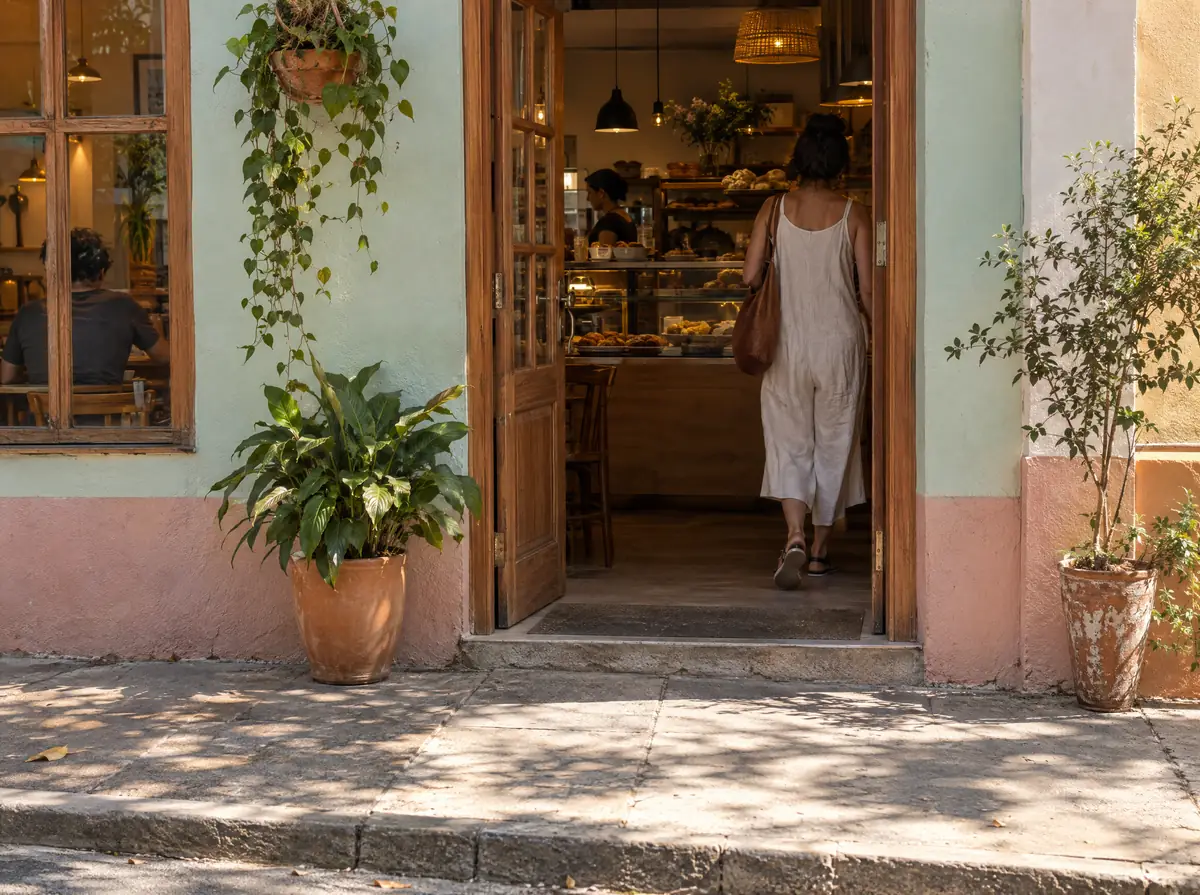 Cliente entrando numa padaria de bairro pela manhã