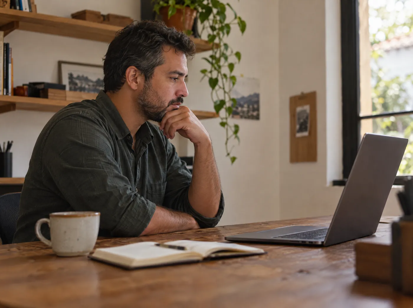 Dono de um pequeno negócio analisando números no notebook